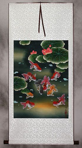 Gold Fish & Flowers - Asian Scroll