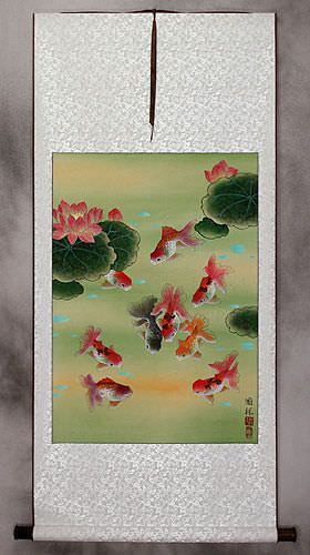 Gold Fish & Flowers - Asian Scroll