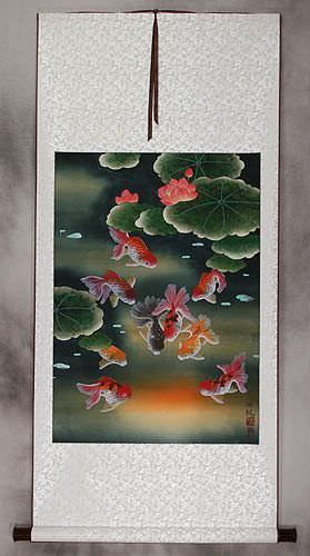 Gold Fish & Flowers - Asian Scroll