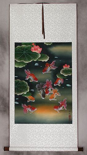 Gold Fish & Flowers - Asian Scroll