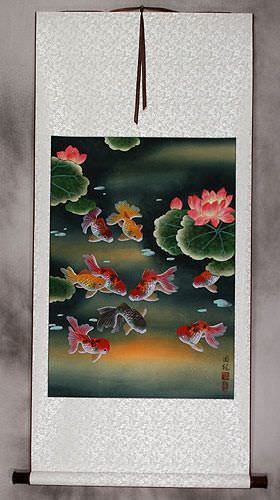 Gold Fish & Flowers - Asian Scroll