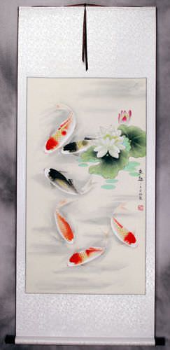Koi Fish Having Fun in Lotus Pond Wall Scroll
