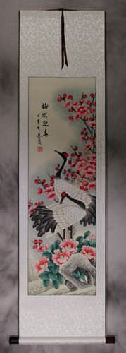 Plum Blossoms & Cranes Welcoming The Spring Wall Scroll