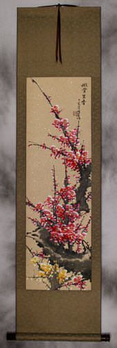 Reddish-Pink and Yellow Plum Blossom Wall Scroll