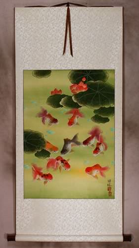 Gold Fish & Flowers - Asian Scroll