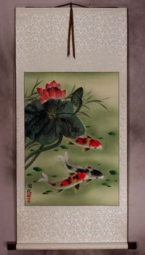 Koi Fish & Flower - Asian Art Scroll