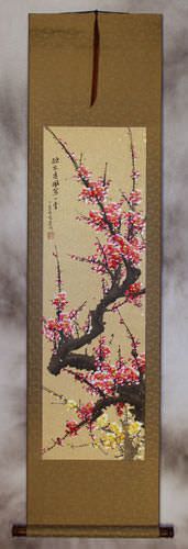 Chinese Reddish-Pink and Yellow Plum Blossom Wall Scroll