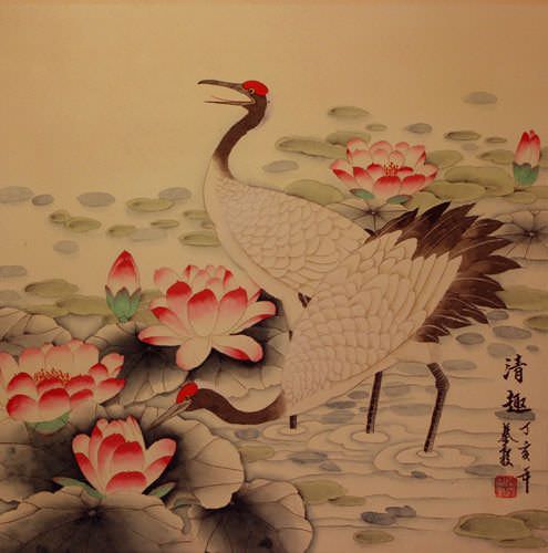 Chinese Cranes and Flowers Painting