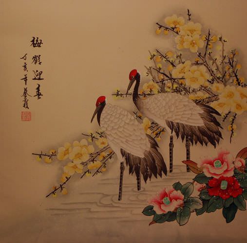 Chinese Cranes and Plum Blossom Painting