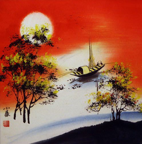 Resting Birds #1 - Colorful Asian Art Landscape Painting
