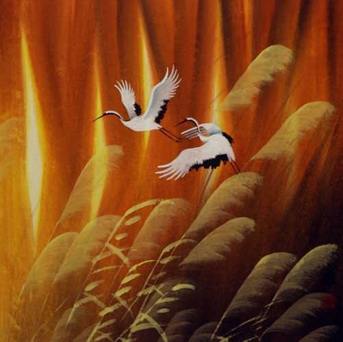 Autumn Flight - Colorful Chinese Cranes Painting