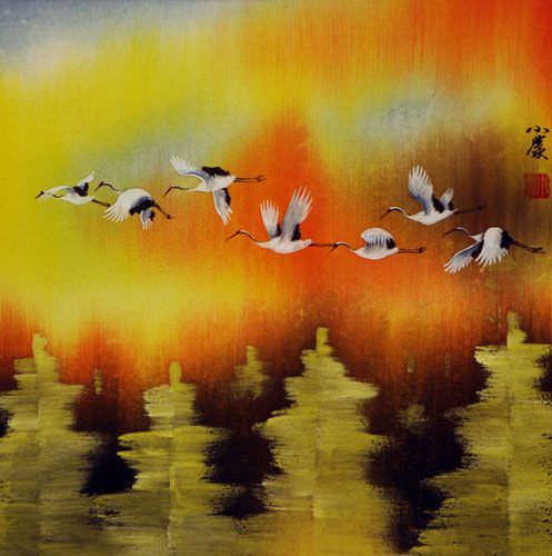 Cranes Taking Flight in Autumn - Asian Art Painting