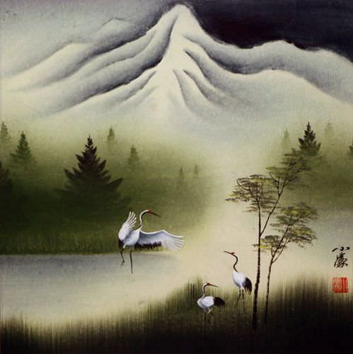 Cranes Dance at Pine Mountain - Asian Art Painting