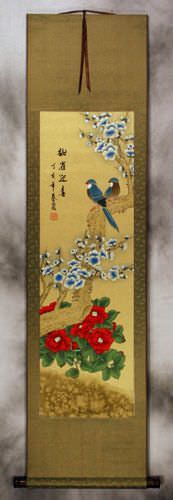 Sparrows and Plum Blossoms Welcoming The Spring Wall Scroll