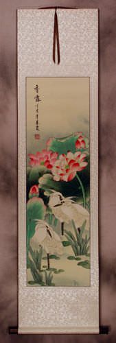 Fragrant Dew of the Lotus Pond - Asian Egrets Wall Scroll