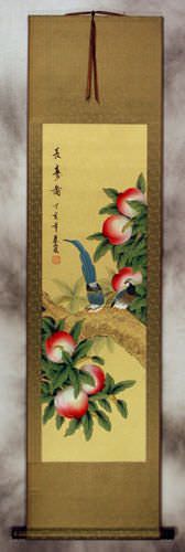 Longevity Birds - Peach Tree Wall Scroll