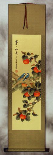 Everything As You Wish Birds & Persimmon Wall Scroll