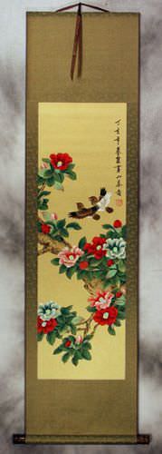 Mountain Tea (Camellia Flower) and Finches Wall Scroll