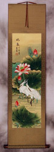 Morning Dew of the Lotus Pond - Egrets Wall Scroll