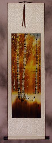 Autumn in Birch Forest - Asian Cranes Wall Scroll