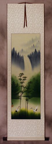 Waterfall Delight Asian Cranes Landscape Wall Scroll