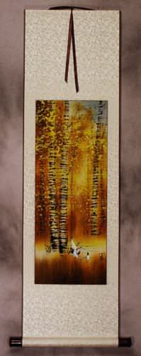 Autumn in Birch Forest - Asian Cranes - Small Wall Scroll