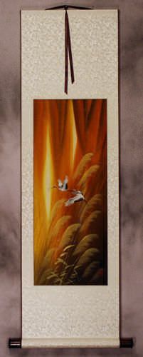 Autumn Flight - Asian Cranes - Small Wall Scroll