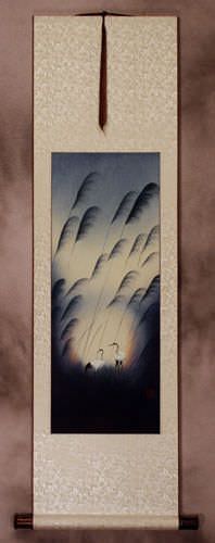 Colorful Asian Cranes Wall Scroll