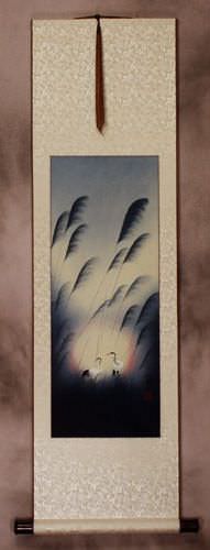 Colorful Asian Cranes Wall Scroll