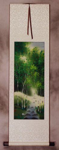 Singing Cranes - Asian Mountain Stream Small Wall Scroll