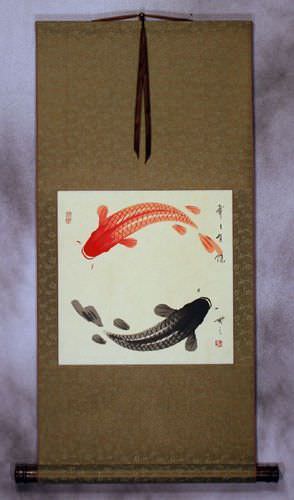 Yin Yang Fish on Gold Silk Wall Scroll