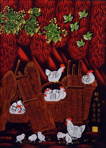 Autumn Feeling - Chickens Folk Art Painting