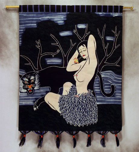 Tribal Ethnic Woman and Leopard Colorful Batik Wall Hanging Art