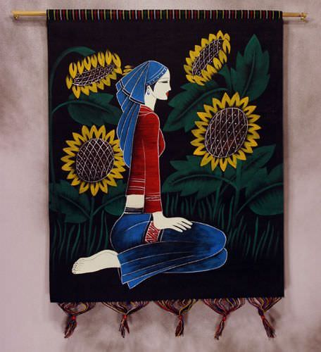 Beautiful Sunflower Girl of China Painted Batik Wall Hanging