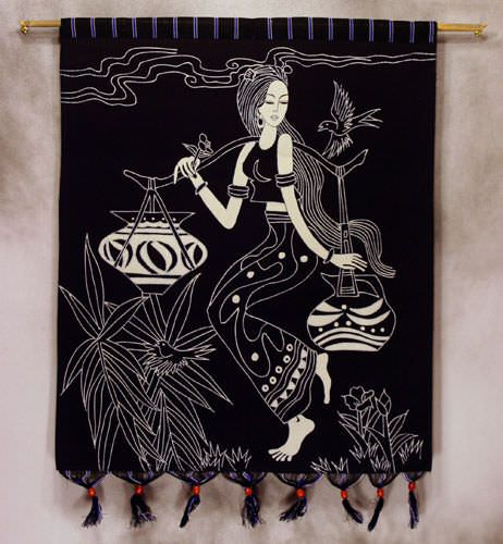 Asian Woman Carries Jugs of Water - Batik Art Wall Hanging