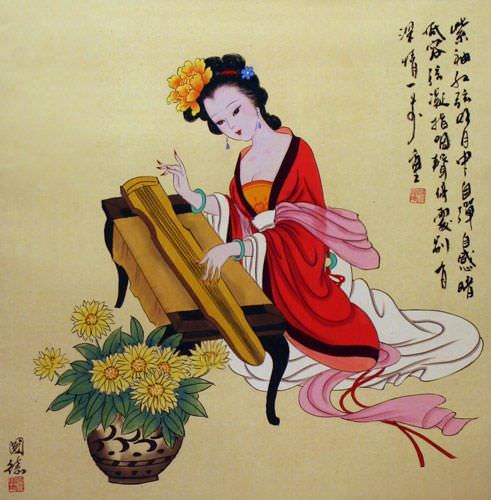 Antique-Style Chinese Woman and Zither Painting