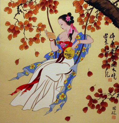 Antique-Style Chinese Woman Swinging and Book Reading Painting