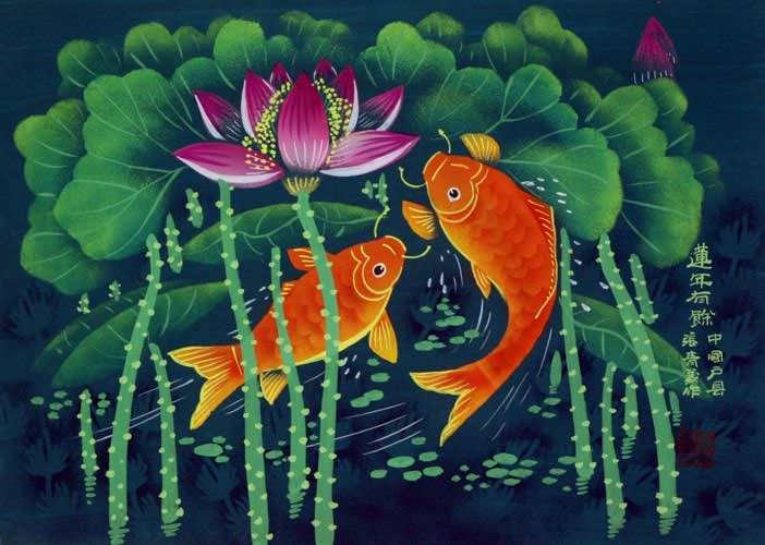 Koi Fish and Lotus Flowers - Chinese Folk Art Painting
