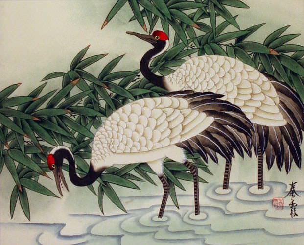 Cranes in Bamboo Painting - Chinese Bamboo Artwork - Asian Artwork