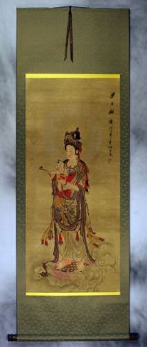 Guanyin Buddha Delivers a Child - Partial-Print Wall Scroll