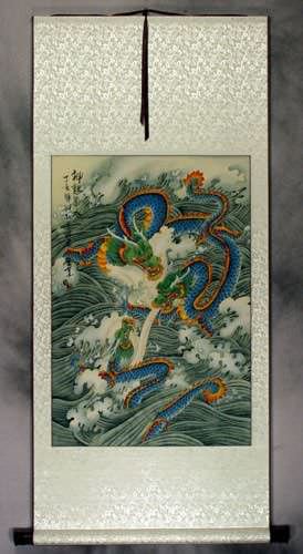 Dragons Play in the Sea - Chinese Silk Scroll