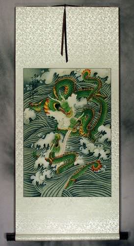 Dragons Play in the Sea - Chinese Silk Scroll