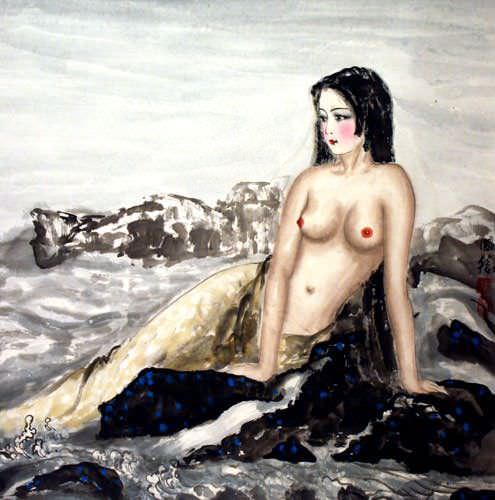 Nude Asian Woman at the Beach Painting
