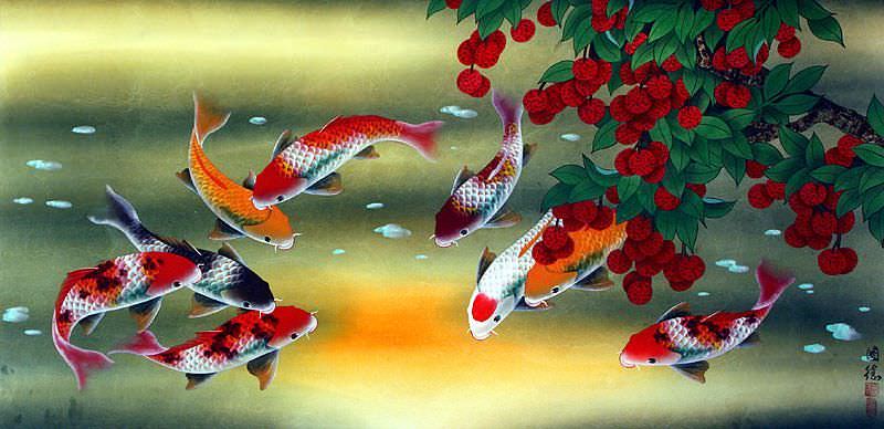 Huge Koi Fish and Lychee Painting