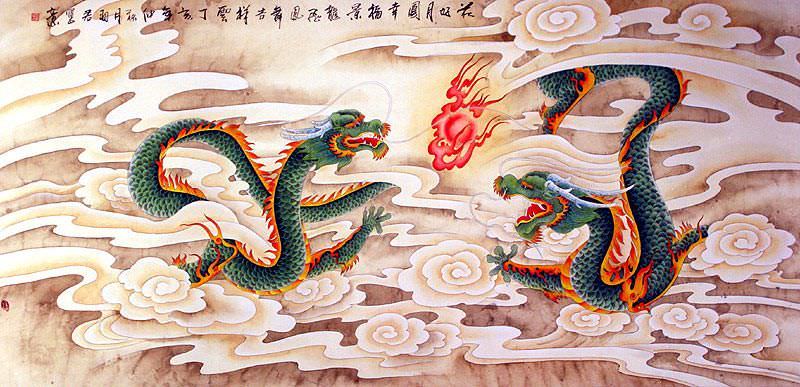 Dragons Play with a Pearl of Lightning - Chinese Painting