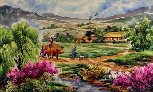 North Korean Village Field Painting