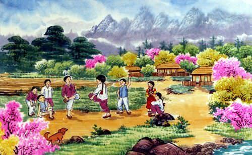 North Korean Colorful Village Painting