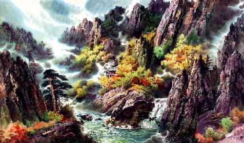 North Korean River Landscape Painting