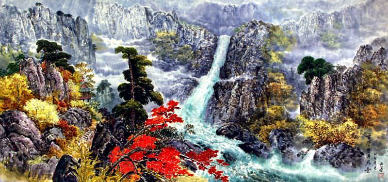 North Korean Home by the Waterfall Painting