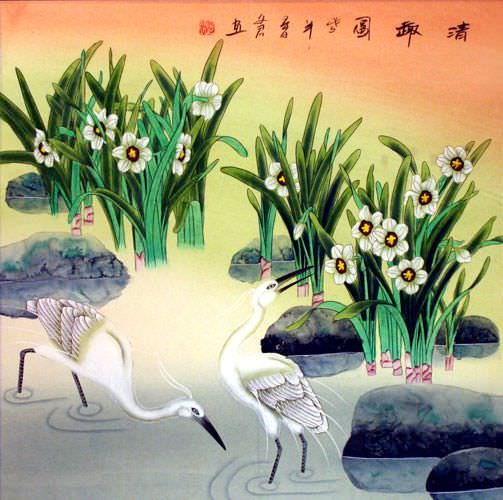 Egrets Wading in the Flowers Painting